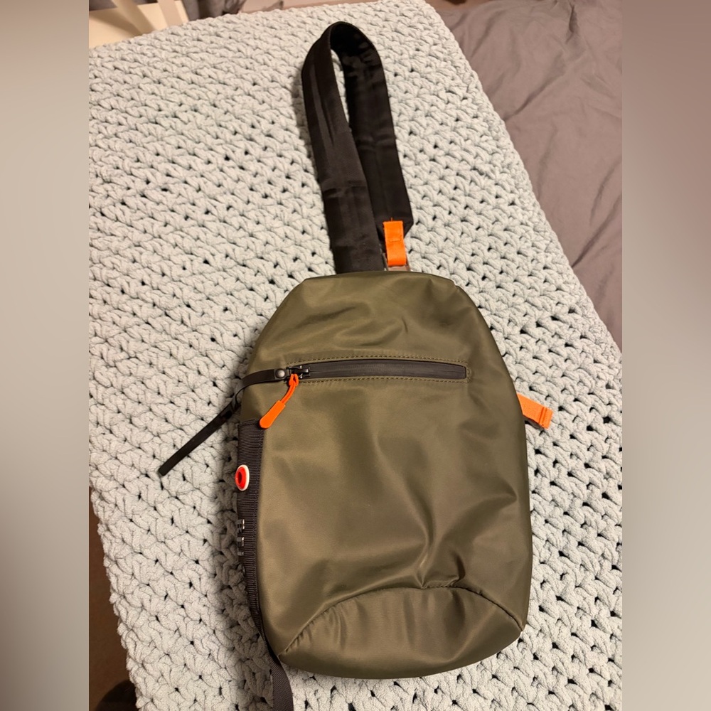 Sleek Olive Crossbody Bag with Orange Accents